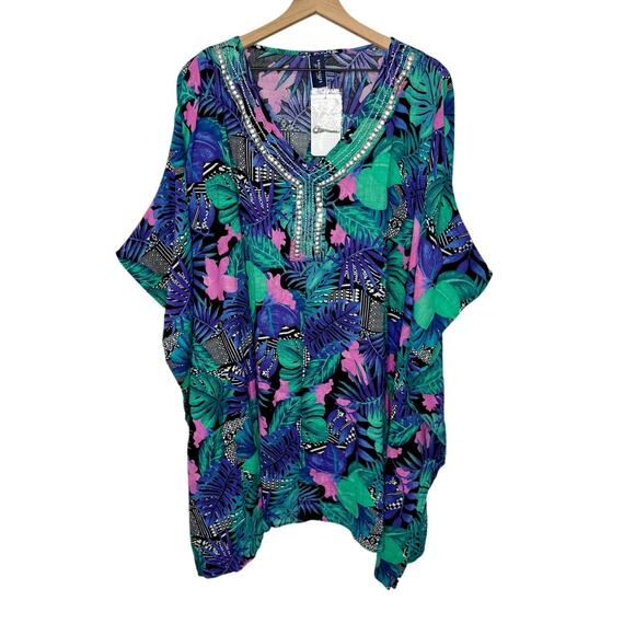 SWIMSUITS FOR ALL NWT Women's PLUS 22 24 Cover Up Top Caftan Cotton Multicolor - Picture 1 of 13